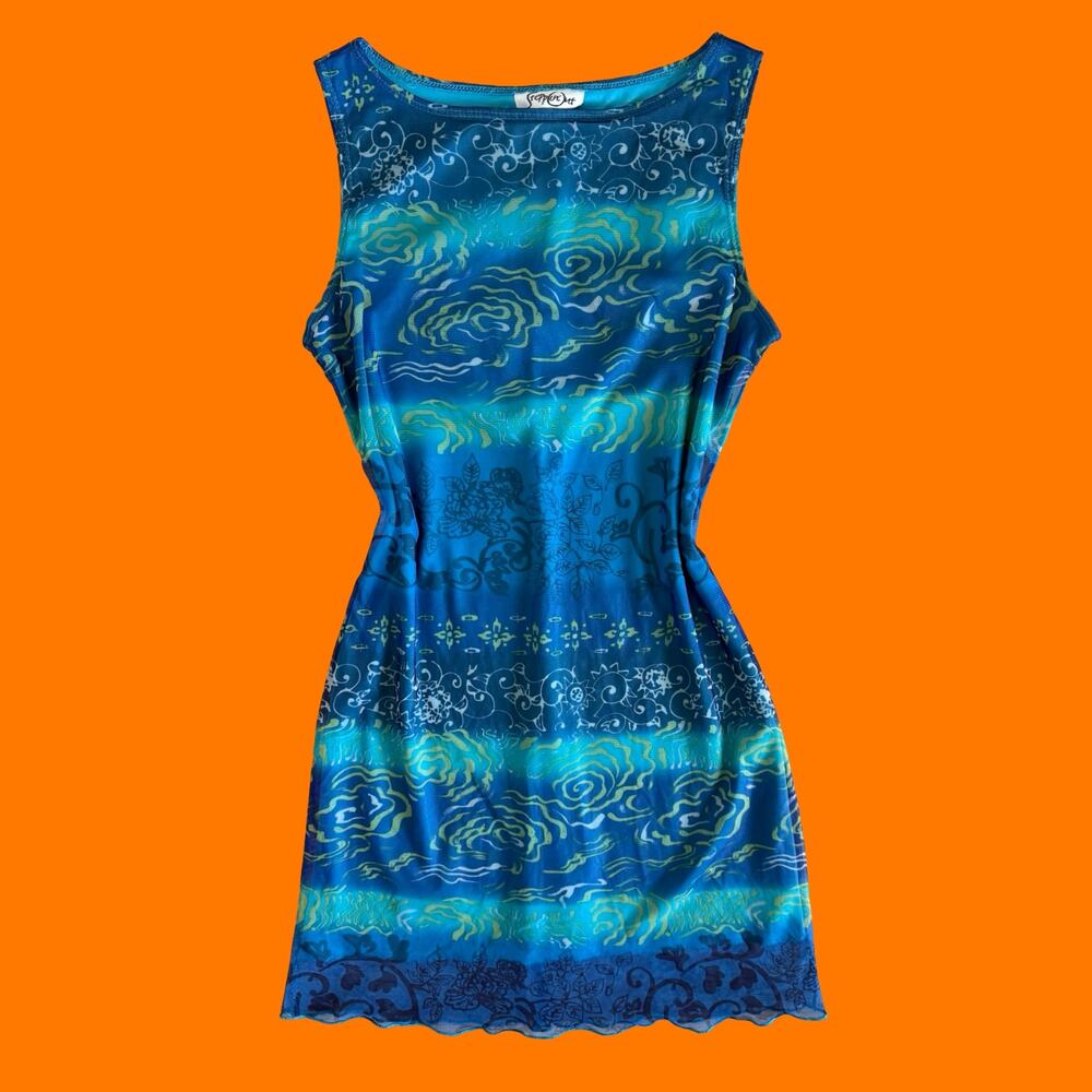 90's vintage blue mesh new age boho bodycon mini dress MEDIUM